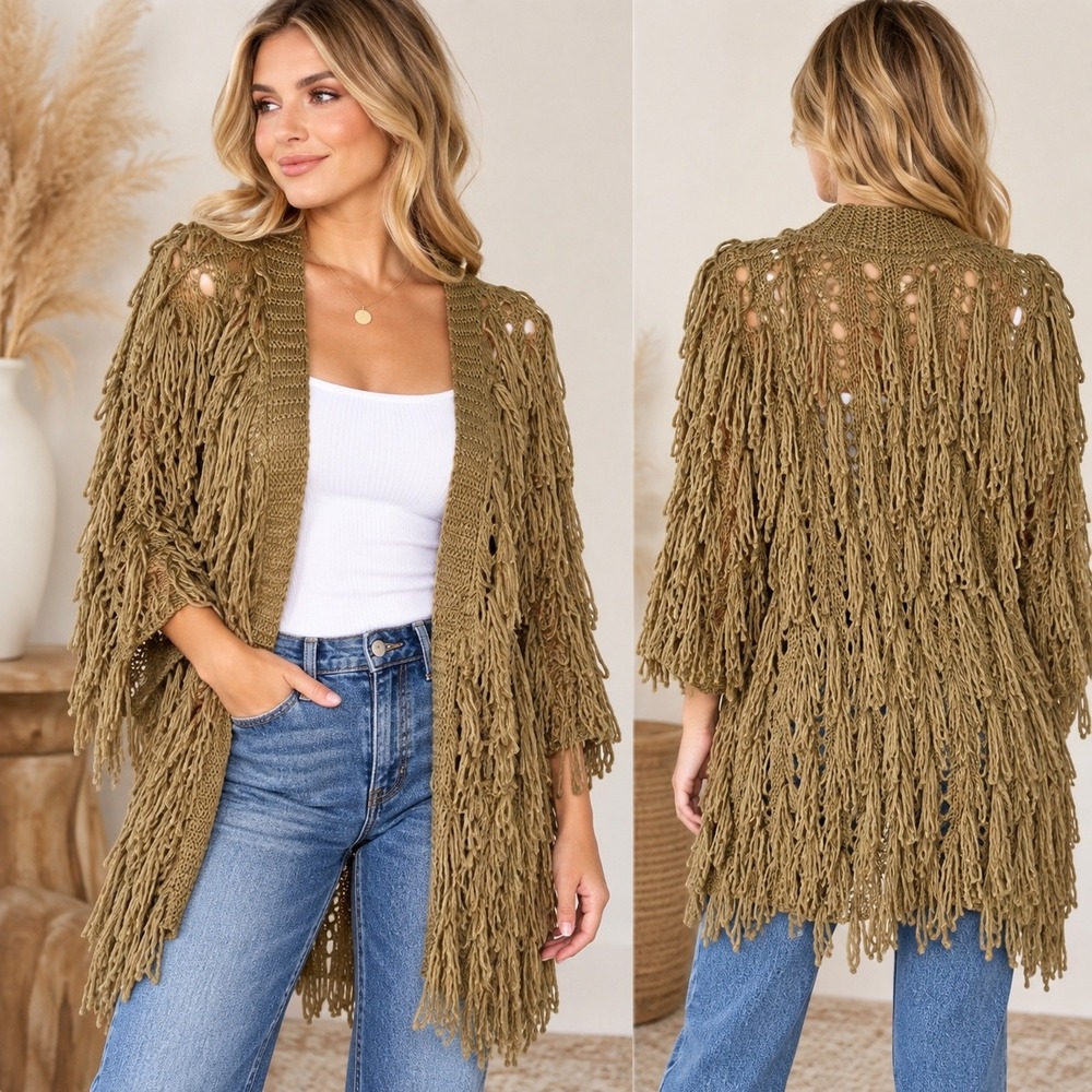 Blue B Collection Women's Mocha Fringe Knit Open Cardigan Boho Size M NWT